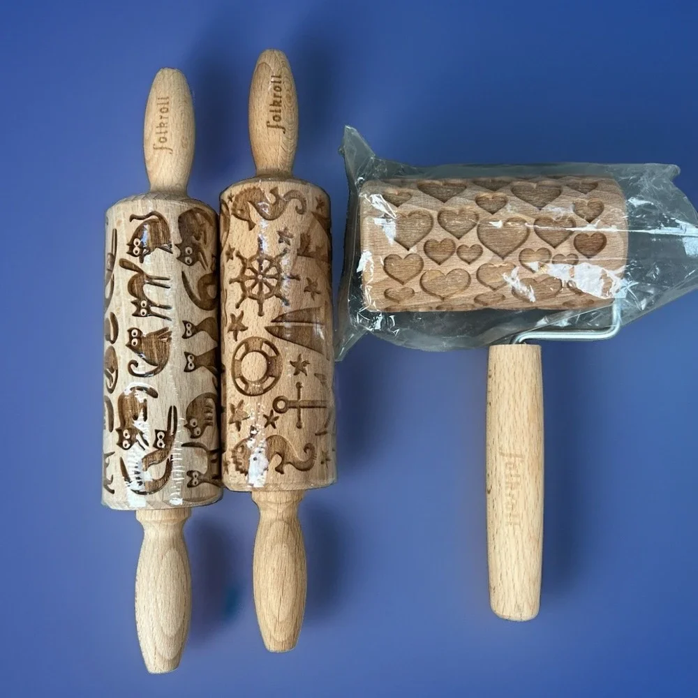 Rolling Pin Cookie Dough Cats, Hearts & Nautical Embossing Wood Folkroll Baking